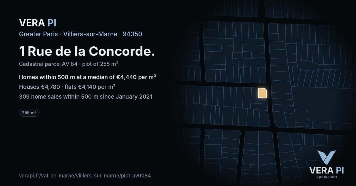 1 Rue de la Concorde, Villiers-sur-Marne at night – the plot lit, the parcels around coloured by the prices near them