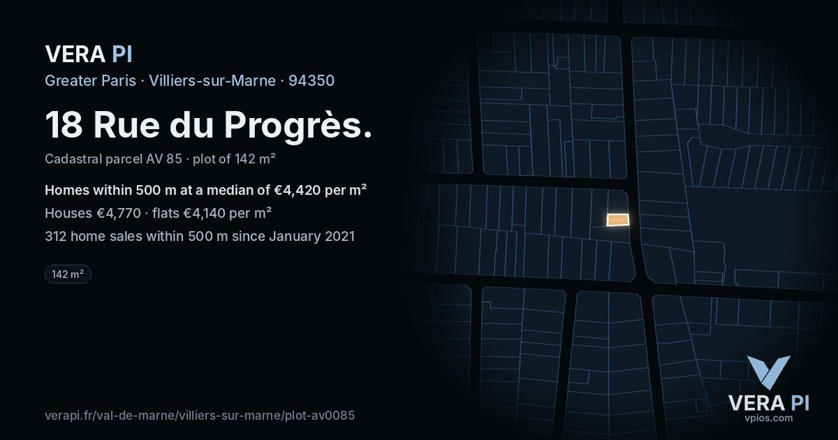 18 Rue du Progrès, Villiers-sur-Marne at night – the plot lit, the parcels around coloured by the prices near them