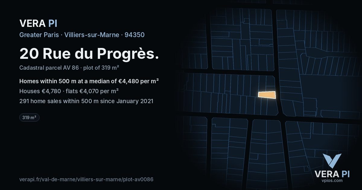 20 Rue du Progrès, Villiers-sur-Marne at night – the plot lit, the parcels around coloured by the prices near them