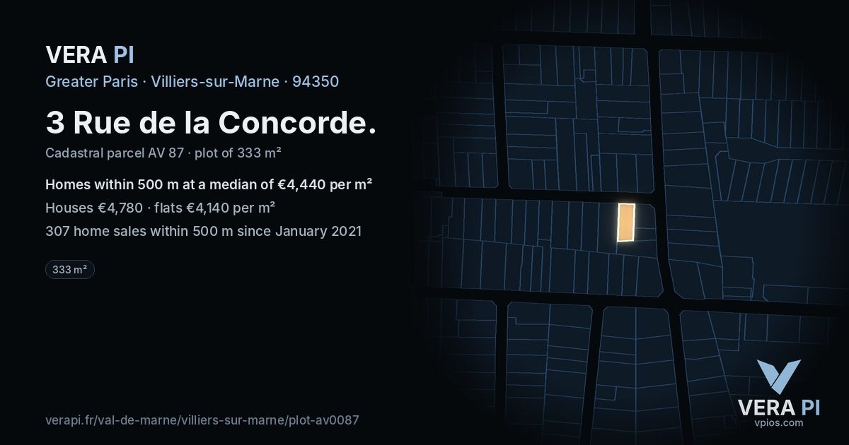 3 Rue de la Concorde, Villiers-sur-Marne at night – the plot lit, the parcels around coloured by the prices near them