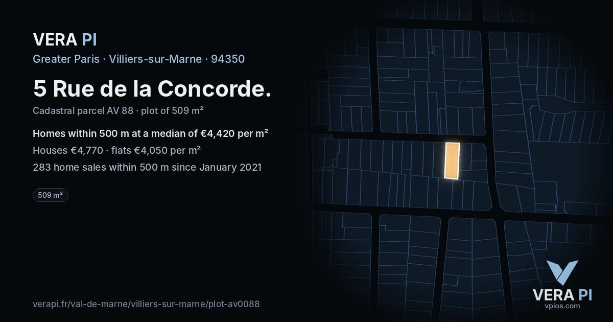5 Rue de la Concorde, Villiers-sur-Marne at night – the plot lit, the parcels around coloured by the prices near them
