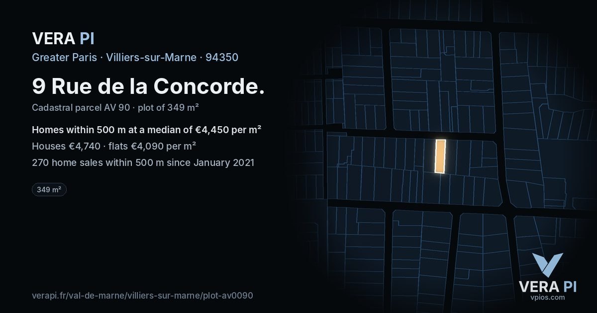 9 Rue de la Concorde, Villiers-sur-Marne at night – the plot lit, the parcels around coloured by the prices near them