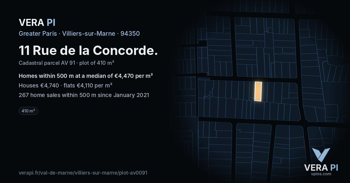 11 Rue de la Concorde, Villiers-sur-Marne at night – the plot lit, the parcels around coloured by the prices near them