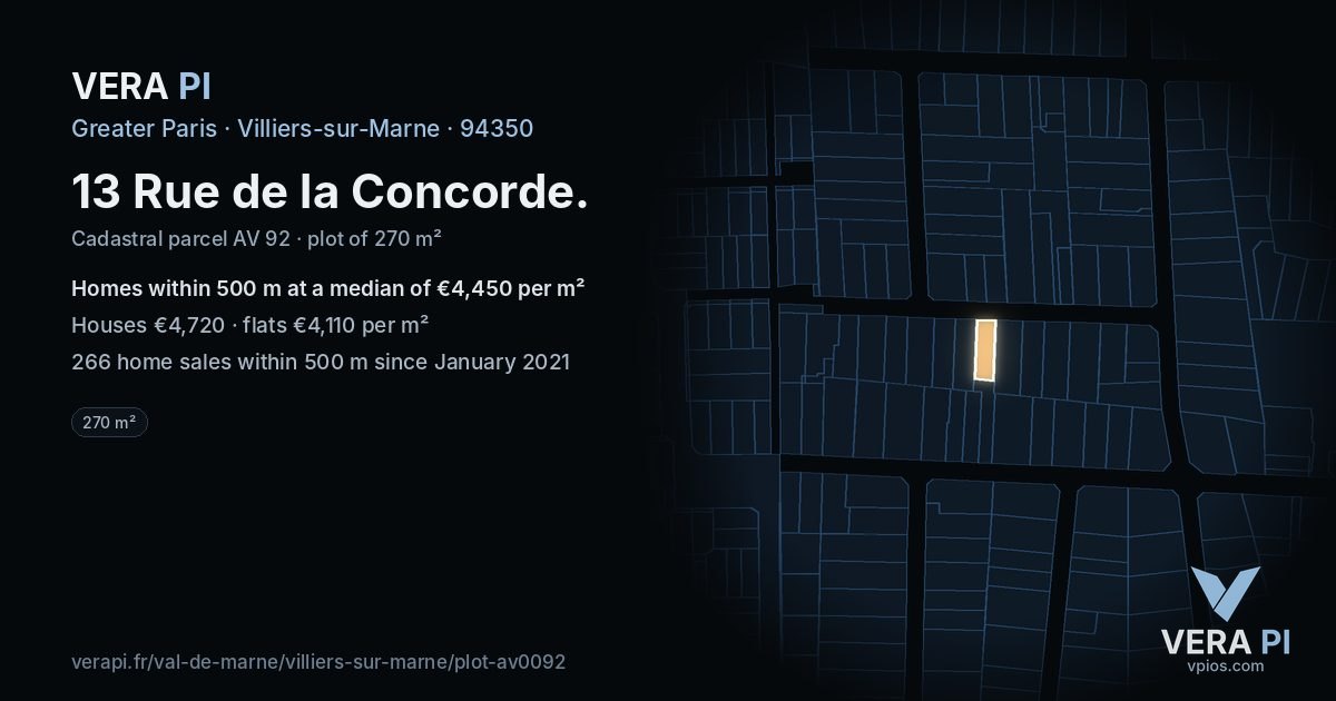 13 Rue de la Concorde, Villiers-sur-Marne at night – the plot lit, the parcels around coloured by the prices near them