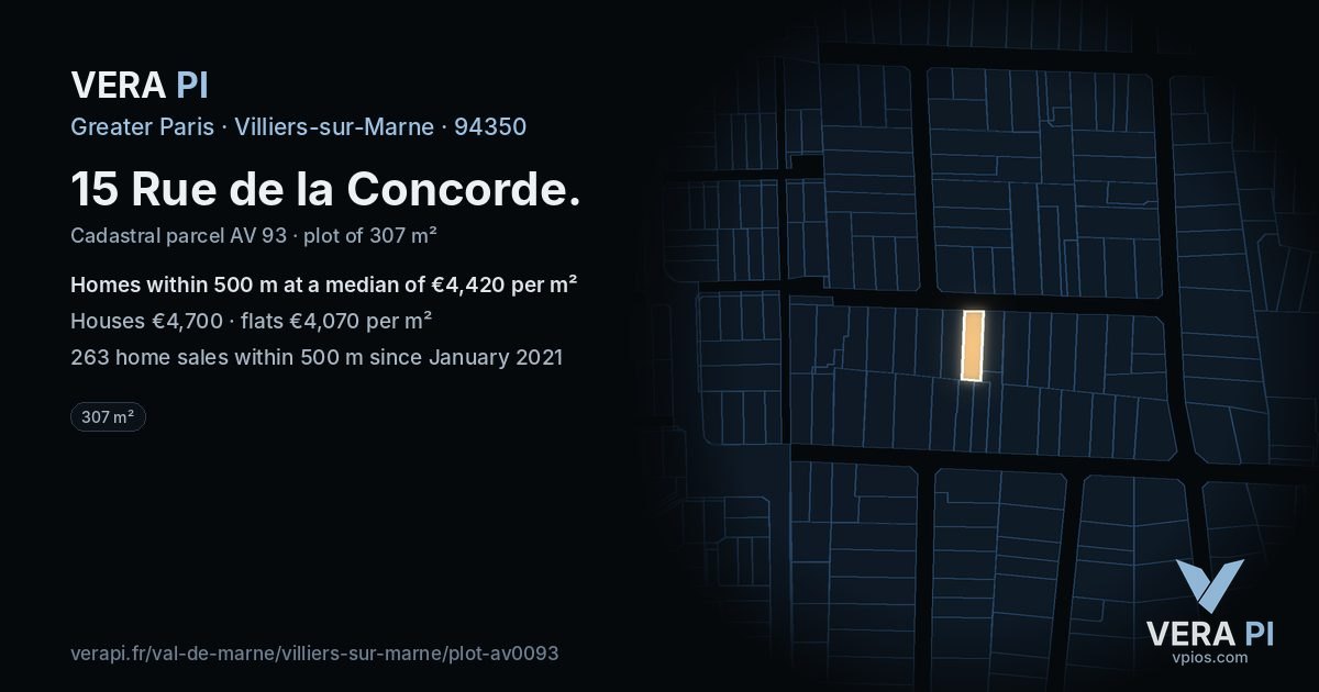 15 Rue de la Concorde, Villiers-sur-Marne at night – the plot lit, the parcels around coloured by the prices near them