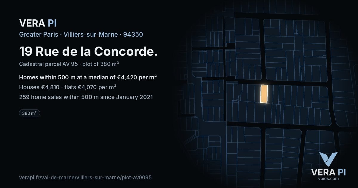 19 Rue de la Concorde, Villiers-sur-Marne at night – the plot lit, the parcels around coloured by the prices near them
