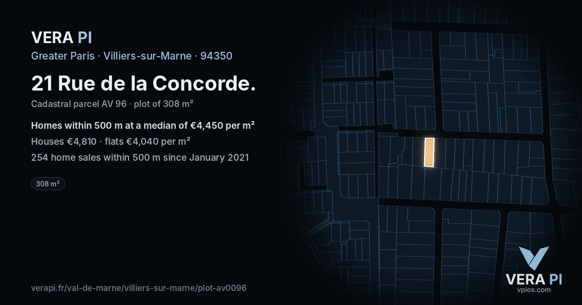 21 Rue de la Concorde, Villiers-sur-Marne at night – the plot lit, the parcels around coloured by the prices near them