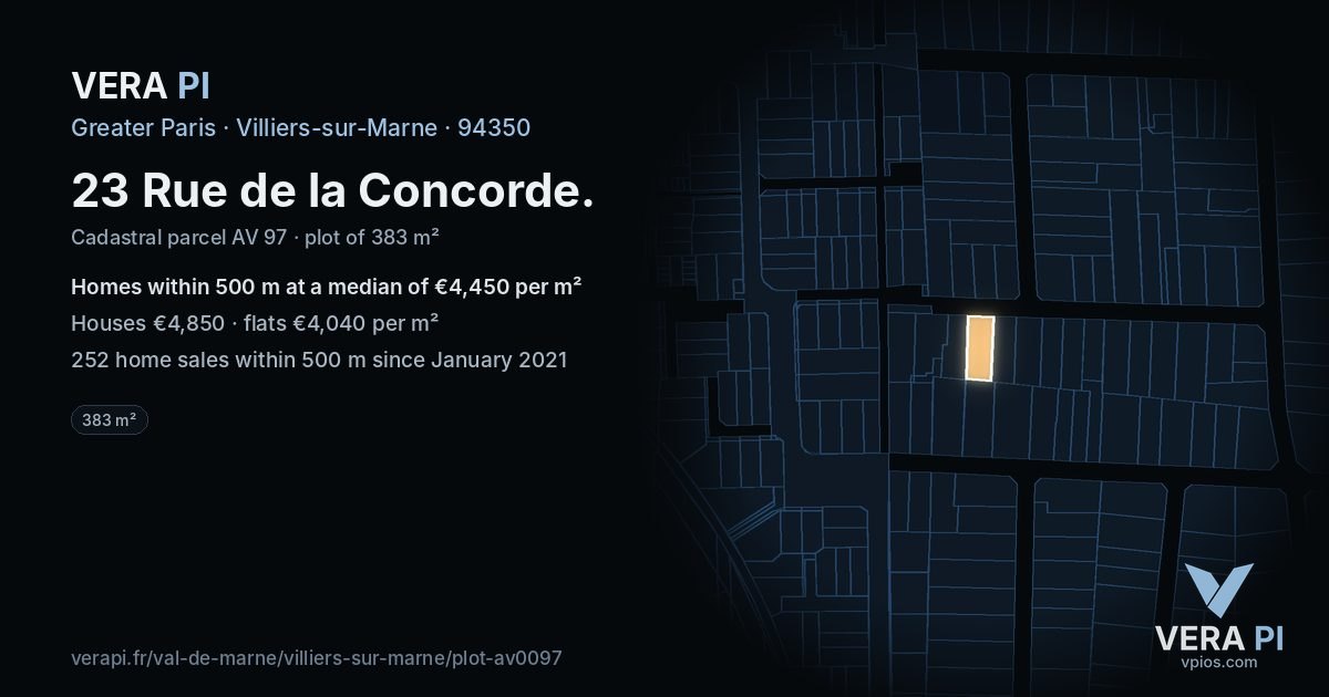 23 Rue de la Concorde, Villiers-sur-Marne at night – the plot lit, the parcels around coloured by the prices near them