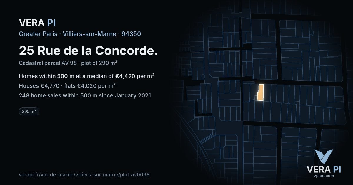 25 Rue de la Concorde, Villiers-sur-Marne at night – the plot lit, the parcels around coloured by the prices near them