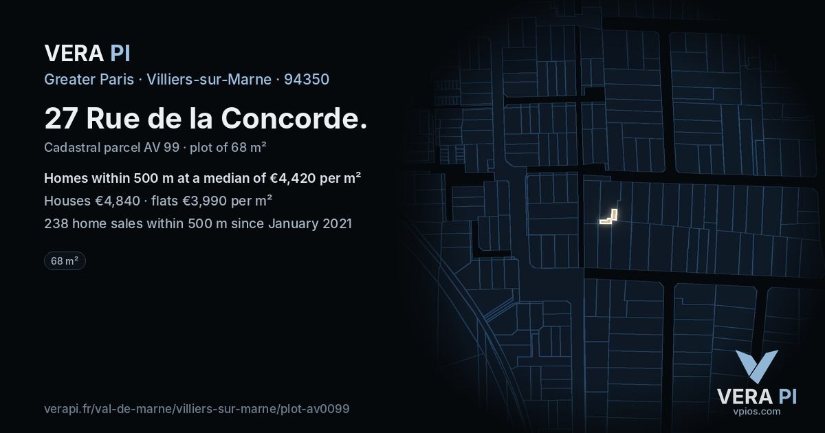 27 Rue de la Concorde, Villiers-sur-Marne at night – the plot lit, the parcels around coloured by the prices near them