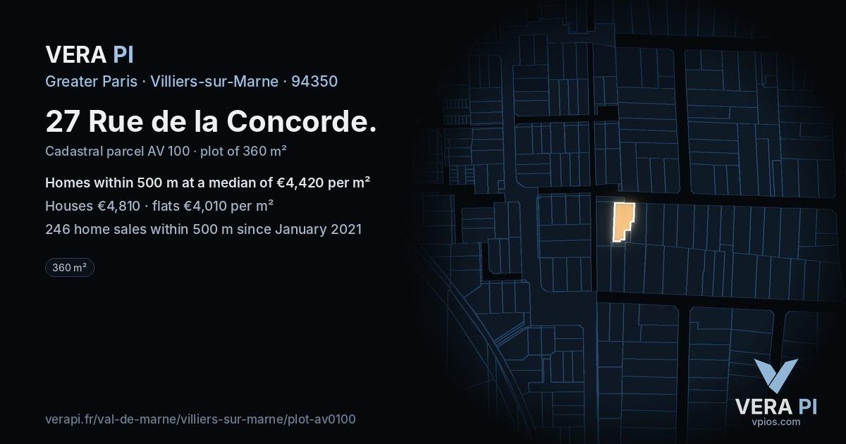 27 Rue de la Concorde, Villiers-sur-Marne at night – the plot lit, the parcels around coloured by the prices near them