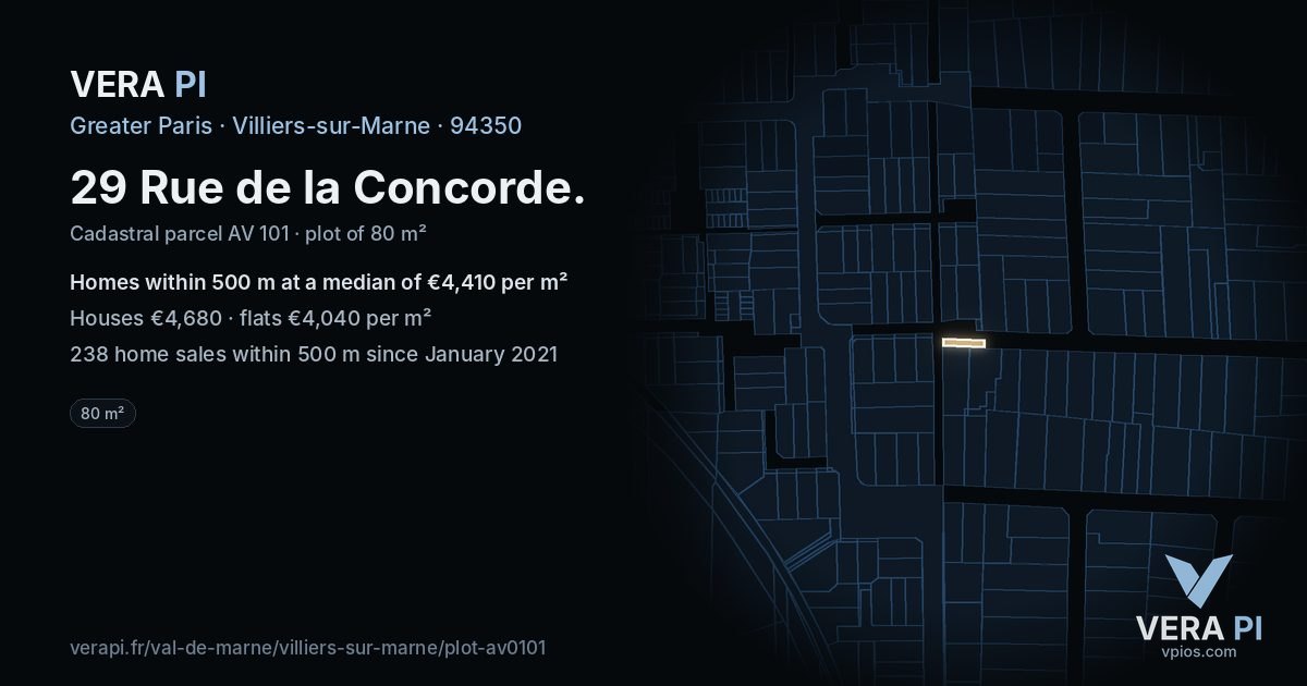 29 Rue de la Concorde, Villiers-sur-Marne at night – the plot lit, the parcels around coloured by the prices near them