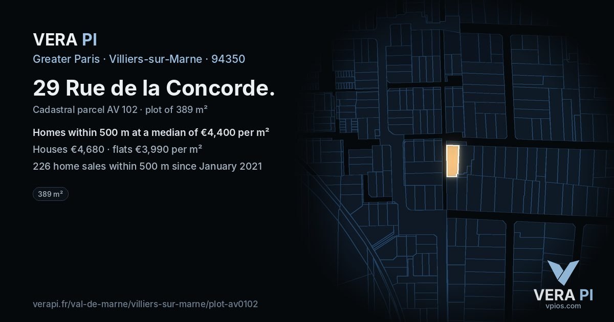 29 Rue de la Concorde, Villiers-sur-Marne at night – the plot lit, the parcels around coloured by the prices near them