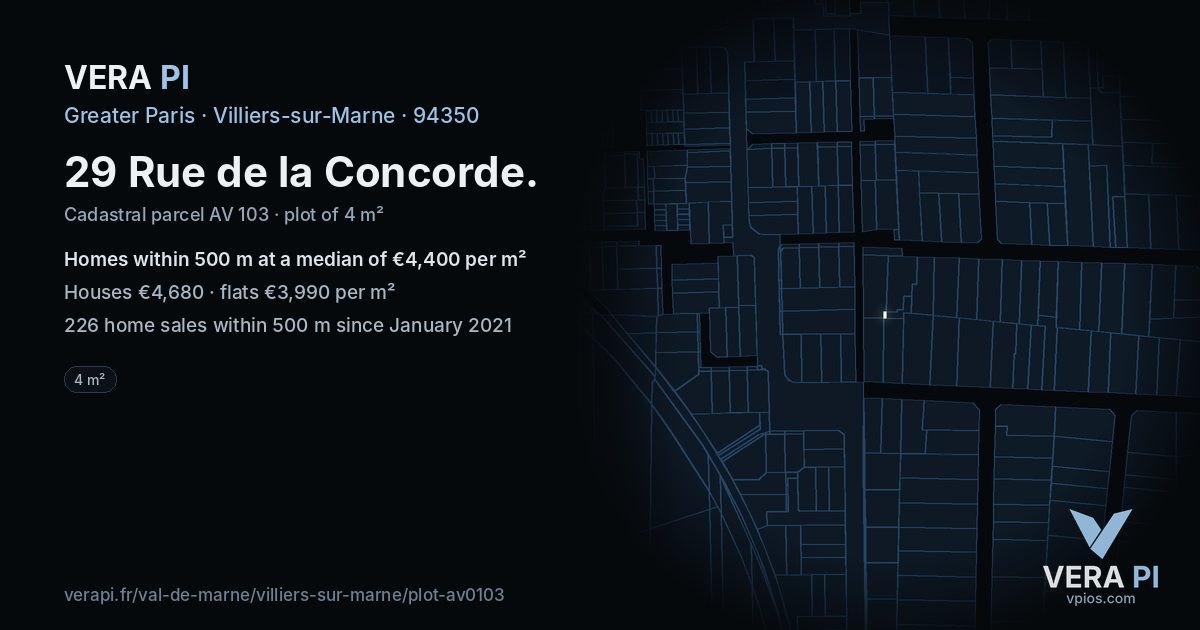 29 Rue de la Concorde, Villiers-sur-Marne at night – the plot lit, the parcels around coloured by the prices near them