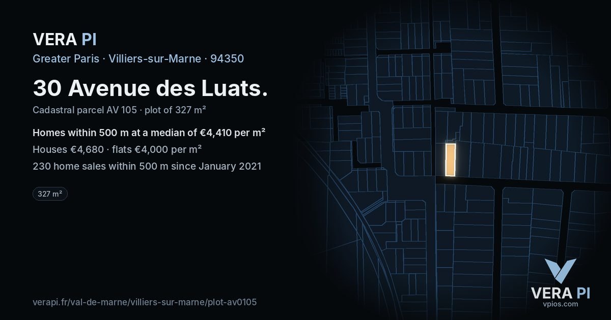 30 Avenue des Luats, Villiers-sur-Marne at night – the plot lit, the parcels around coloured by the prices near them