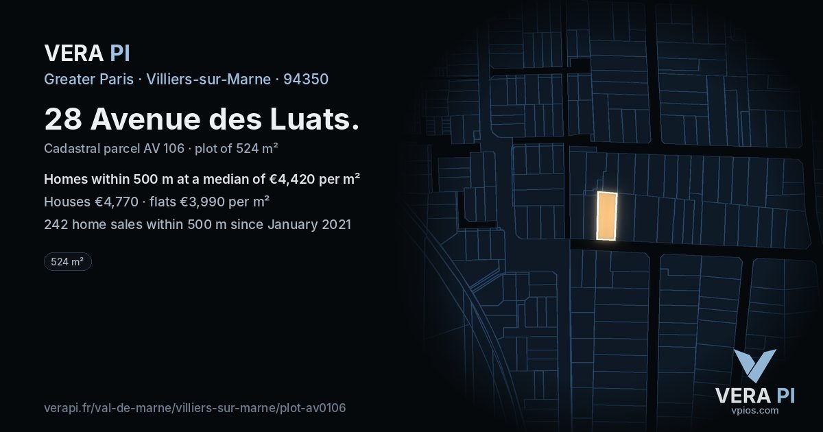 28 Avenue des Luats, Villiers-sur-Marne at night – the plot lit, the parcels around coloured by the prices near them