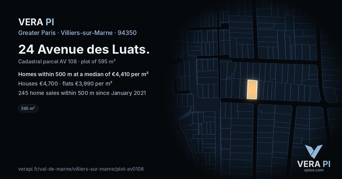 24 Avenue des Luats, Villiers-sur-Marne at night – the plot lit, the parcels around coloured by the prices near them