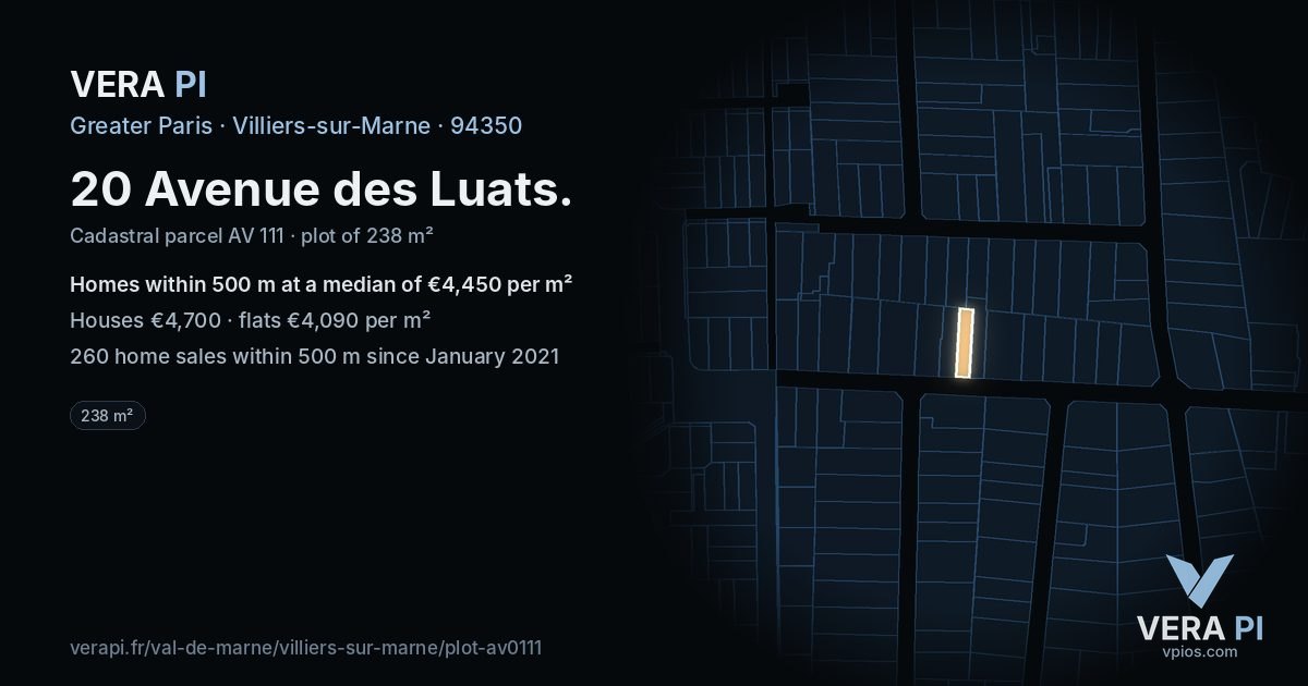 20 Avenue des Luats, Villiers-sur-Marne at night – the plot lit, the parcels around coloured by the prices near them