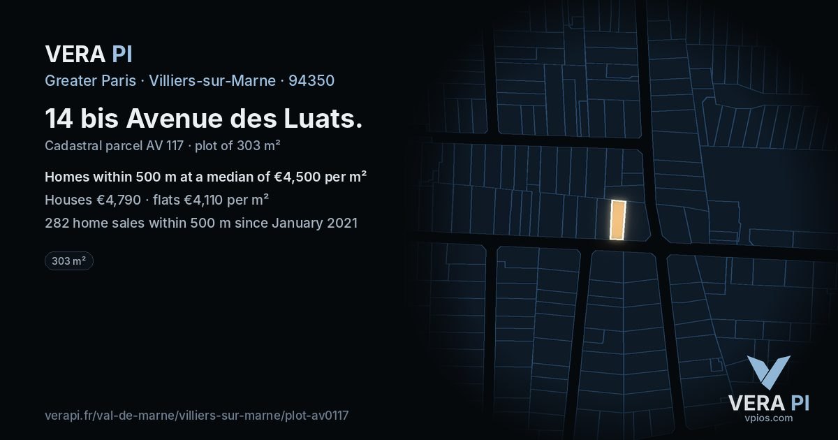 14 bis Avenue des Luats, Villiers-sur-Marne at night – the plot lit, the parcels around coloured by the prices near them