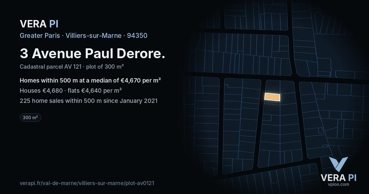 3 Avenue Paul Derore, Villiers-sur-Marne at night – the plot lit, the parcels around coloured by the prices near them