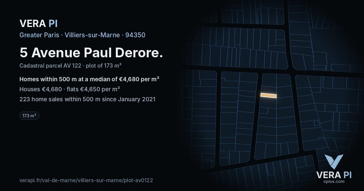5 Avenue Paul Derore, Villiers-sur-Marne at night – the plot lit, the parcels around coloured by the prices near them
