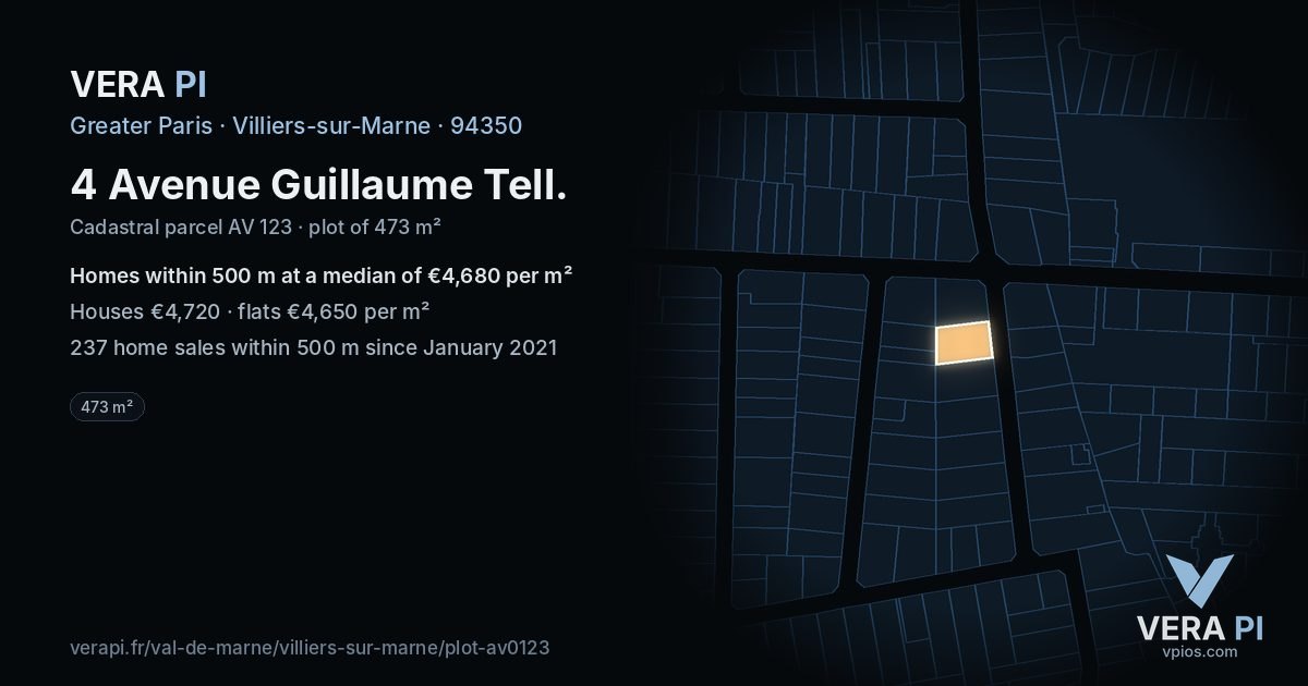 4 Avenue Guillaume Tell, Villiers-sur-Marne at night – the plot lit, the parcels around coloured by the prices near them