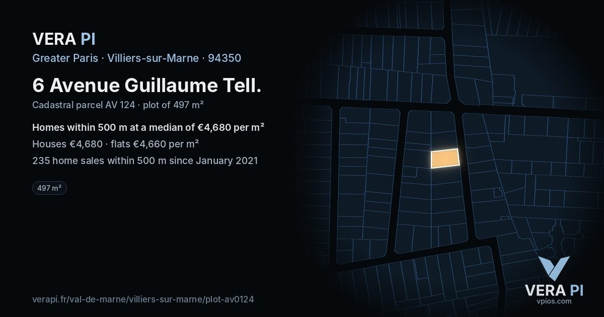 6 Avenue Guillaume Tell, Villiers-sur-Marne at night – the plot lit, the parcels around coloured by the prices near them