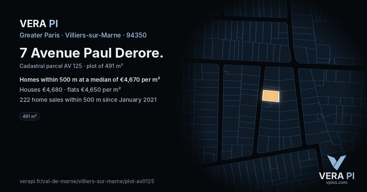 7 Avenue Paul Derore, Villiers-sur-Marne at night – the plot lit, the parcels around coloured by the prices near them
