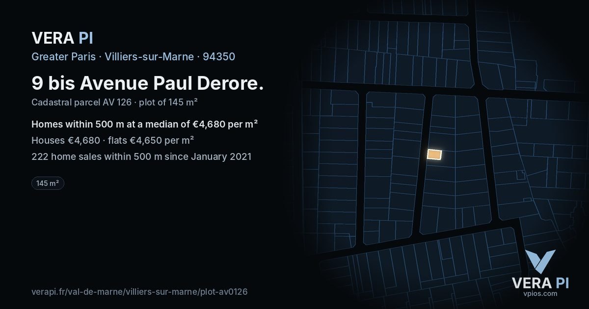 9 bis Avenue Paul Derore, Villiers-sur-Marne at night – the plot lit, the parcels around coloured by the prices near them