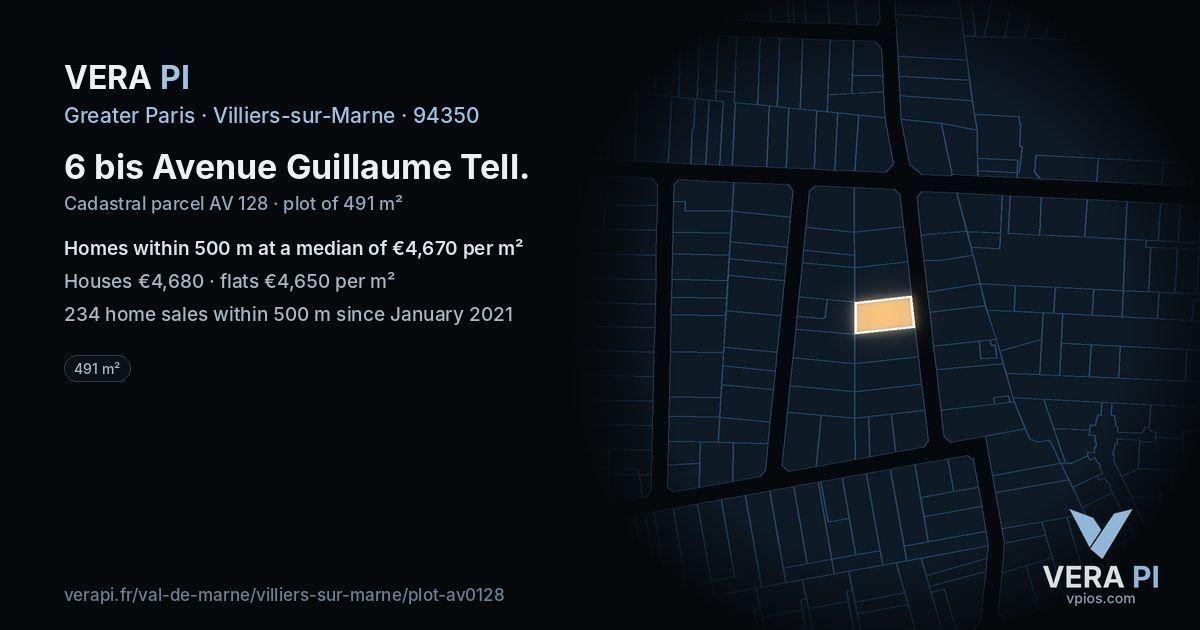 6 bis Avenue Guillaume Tell, Villiers-sur-Marne at night – the plot lit, the parcels around coloured by the prices near them