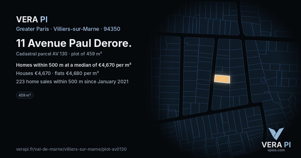 11 Avenue Paul Derore, Villiers-sur-Marne at night – the plot lit, the parcels around coloured by the prices near them