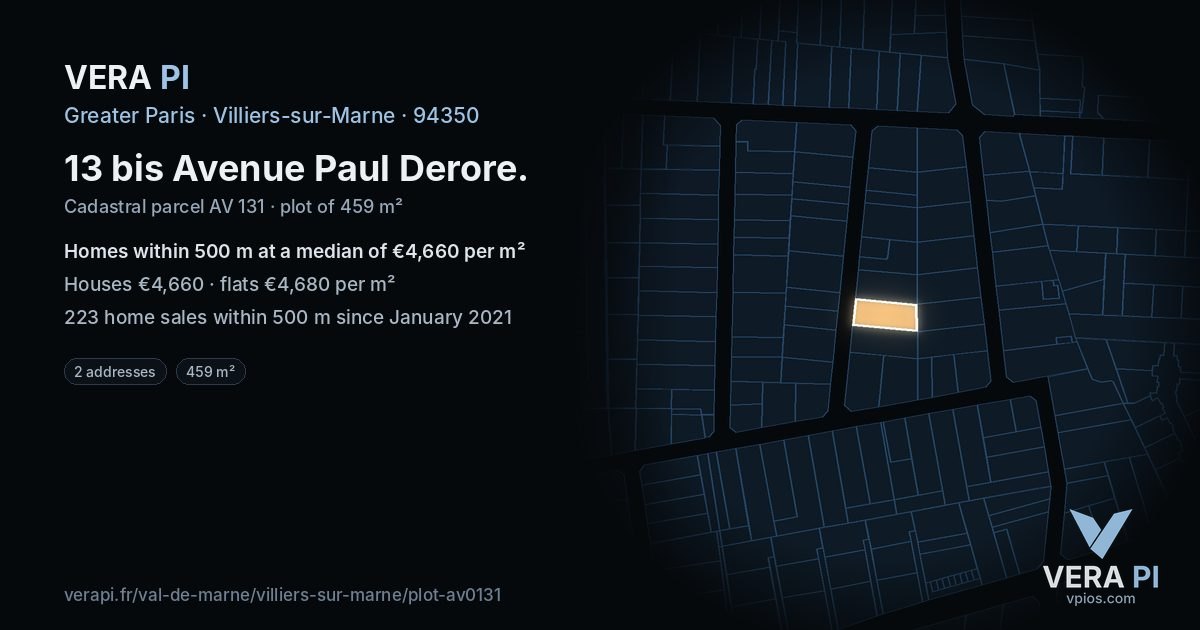 13 bis Avenue Paul Derore, Villiers-sur-Marne at night – the plot lit, the parcels around coloured by the prices near them