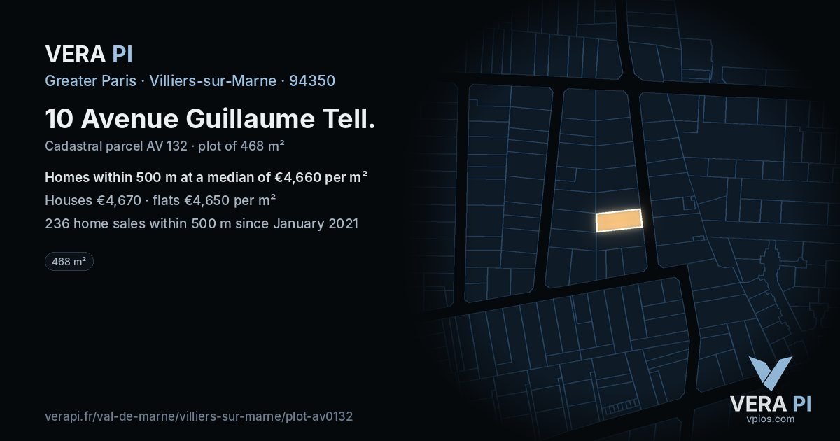10 Avenue Guillaume Tell, Villiers-sur-Marne at night – the plot lit, the parcels around coloured by the prices near them