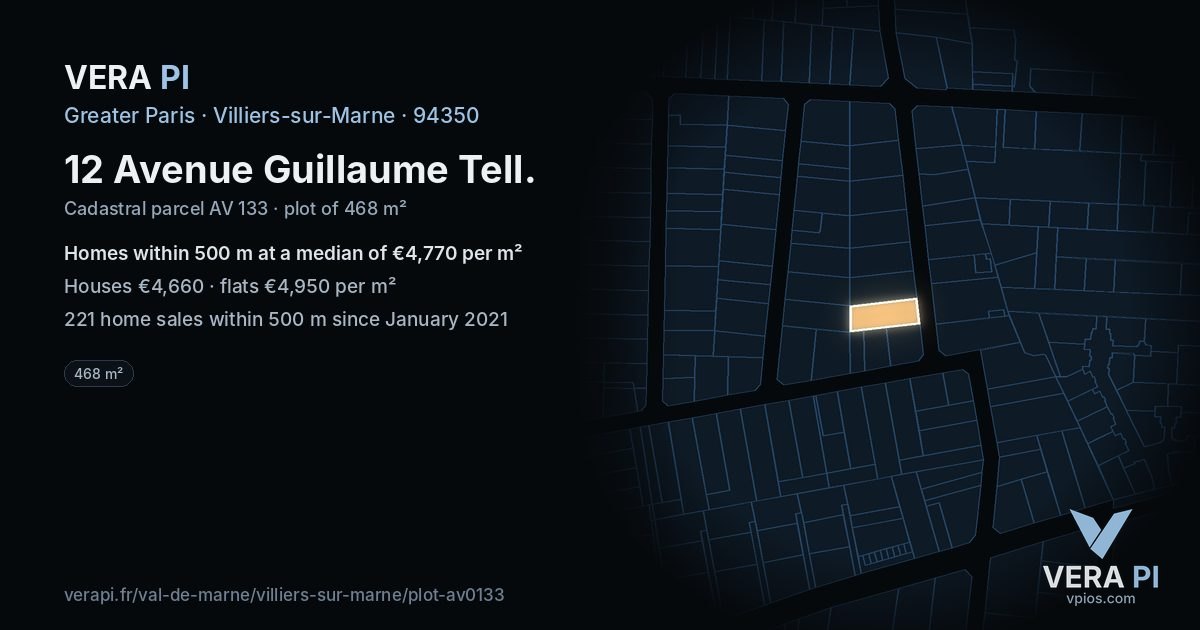 12 Avenue Guillaume Tell, Villiers-sur-Marne at night – the plot lit, the parcels around coloured by the prices near them