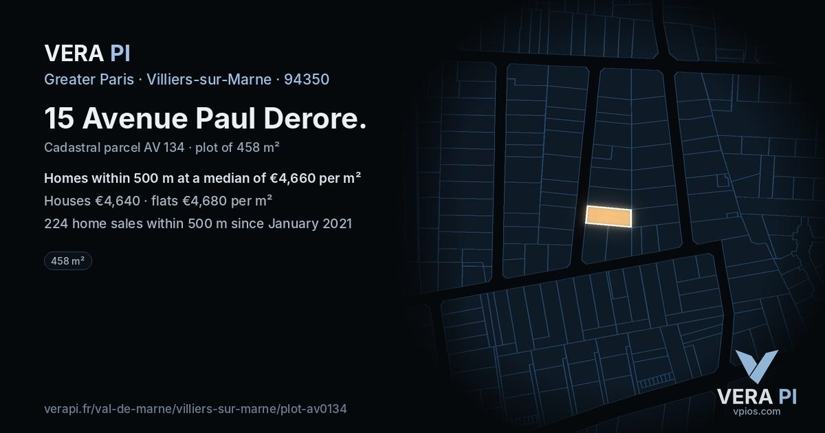 15 Avenue Paul Derore, Villiers-sur-Marne at night – the plot lit, the parcels around coloured by the prices near them