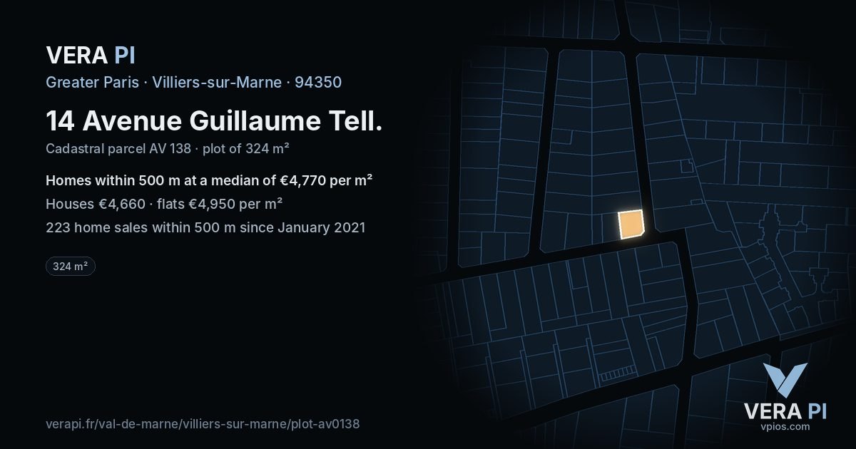 14 Avenue Guillaume Tell, Villiers-sur-Marne at night – the plot lit, the parcels around coloured by the prices near them
