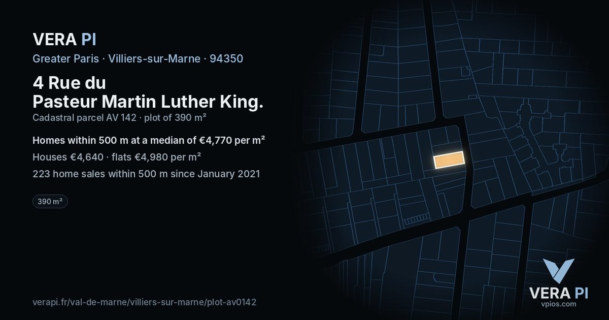 4 Rue du Pasteur Martin Luther King, Villiers-sur-Marne at night – the plot lit, the parcels around coloured by the prices near them