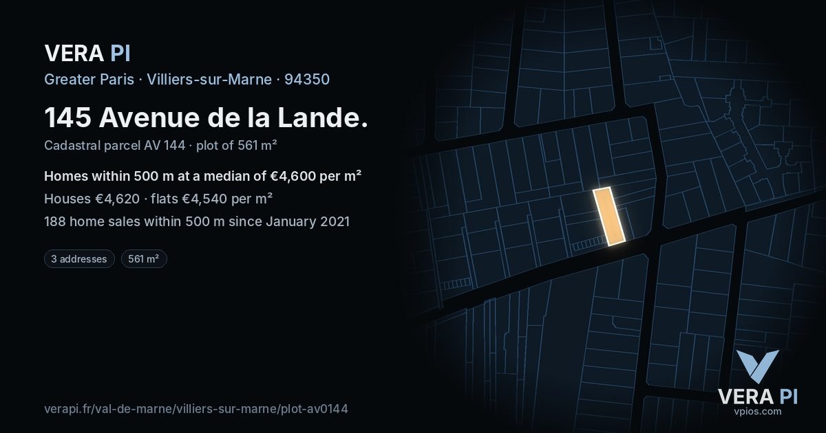 145 Avenue de la Lande, Villiers-sur-Marne at night – the plot lit, the parcels around coloured by the prices near them