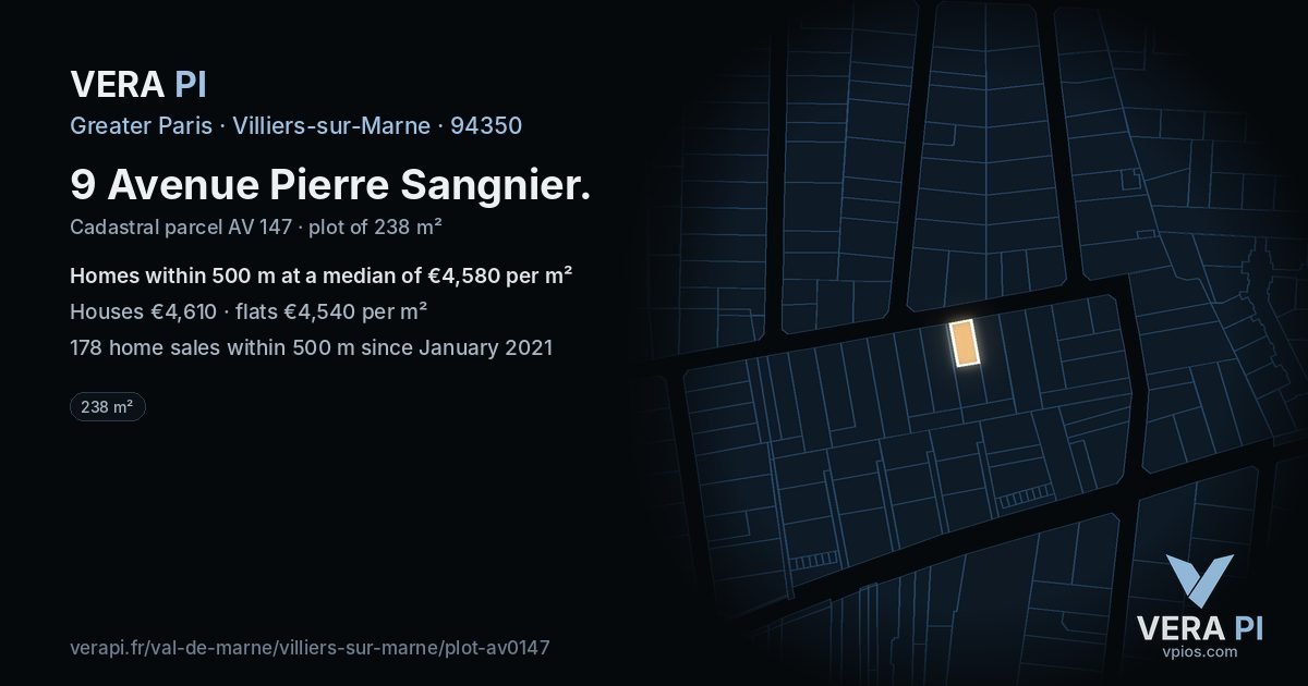 9 Avenue Pierre Sangnier, Villiers-sur-Marne at night – the plot lit, the parcels around coloured by the prices near them