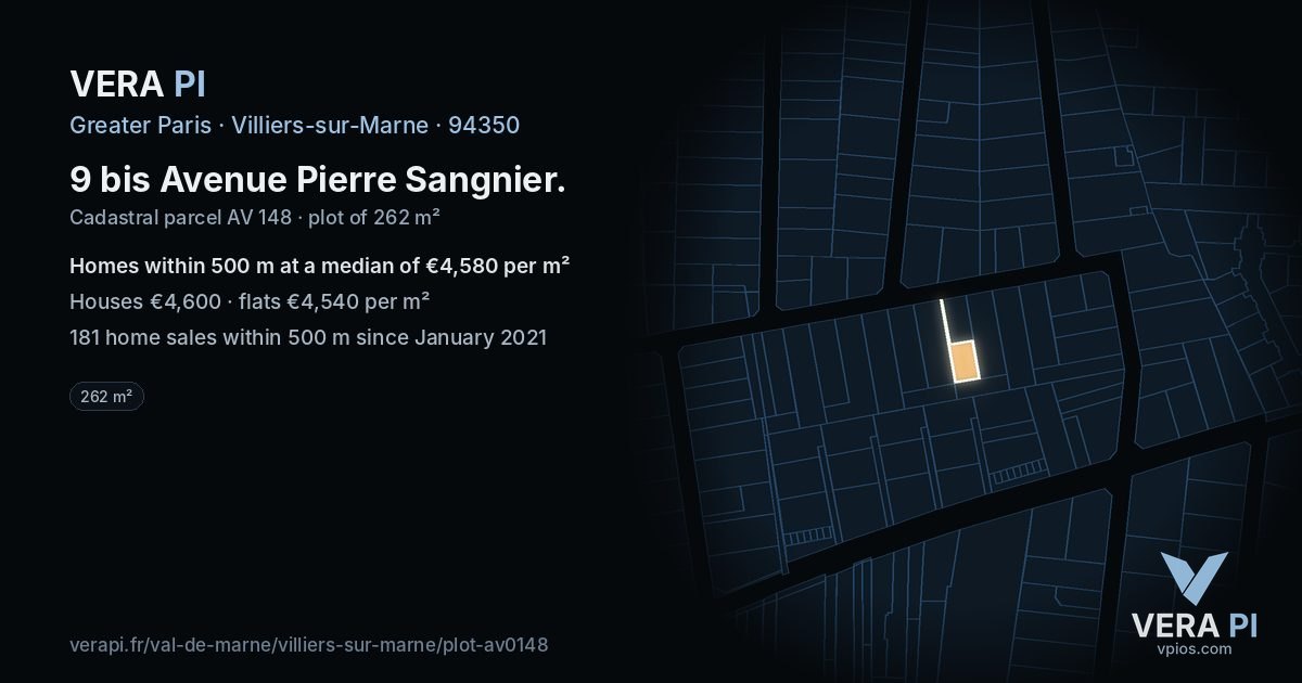 9 bis Avenue Pierre Sangnier, Villiers-sur-Marne at night – the plot lit, the parcels around coloured by the prices near them