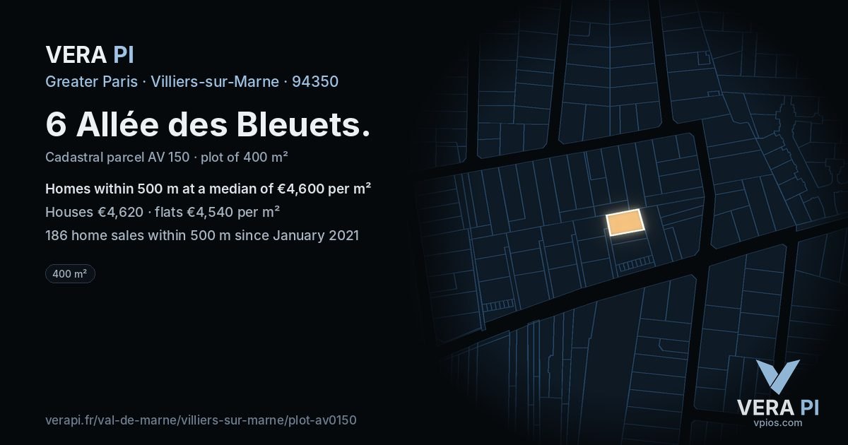 6 Allée des Bleuets, Villiers-sur-Marne at night – the plot lit, the parcels around coloured by the prices near them