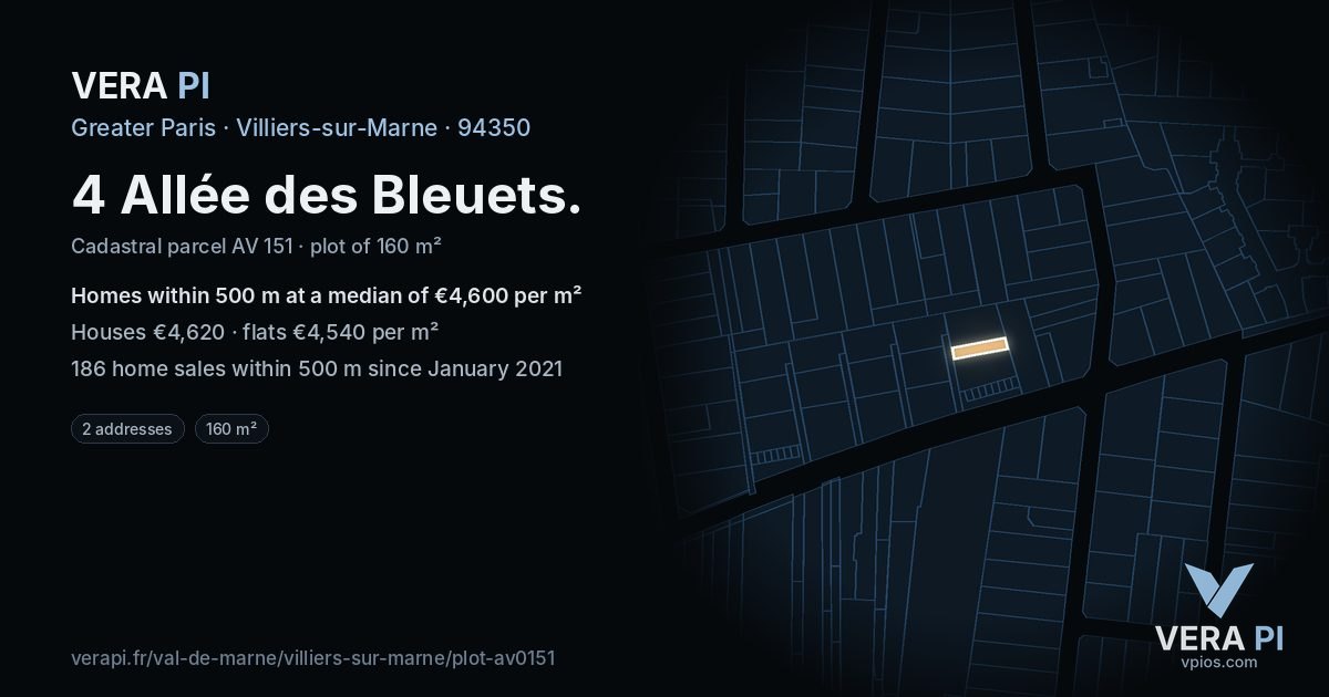 4 Allée des Bleuets, Villiers-sur-Marne at night – the plot lit, the parcels around coloured by the prices near them