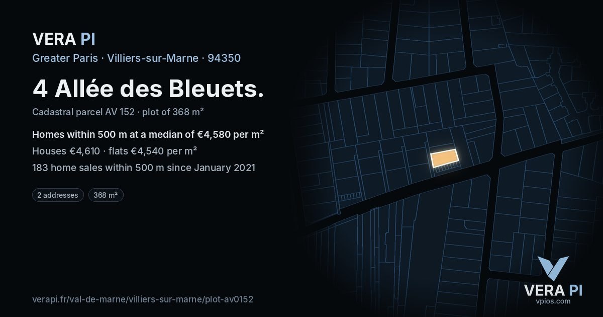 4 Allée des Bleuets, Villiers-sur-Marne at night – the plot lit, the parcels around coloured by the prices near them