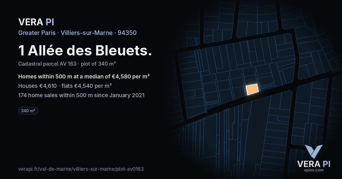 1 Allée des Bleuets, Villiers-sur-Marne at night – the plot lit, the parcels around coloured by the prices near them