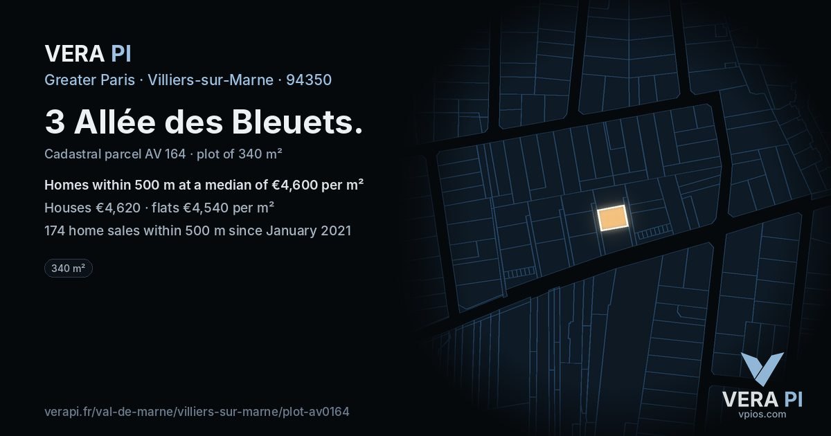 3 Allée des Bleuets, Villiers-sur-Marne at night – the plot lit, the parcels around coloured by the prices near them