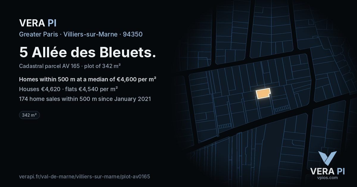 5 Allée des Bleuets, Villiers-sur-Marne at night – the plot lit, the parcels around coloured by the prices near them