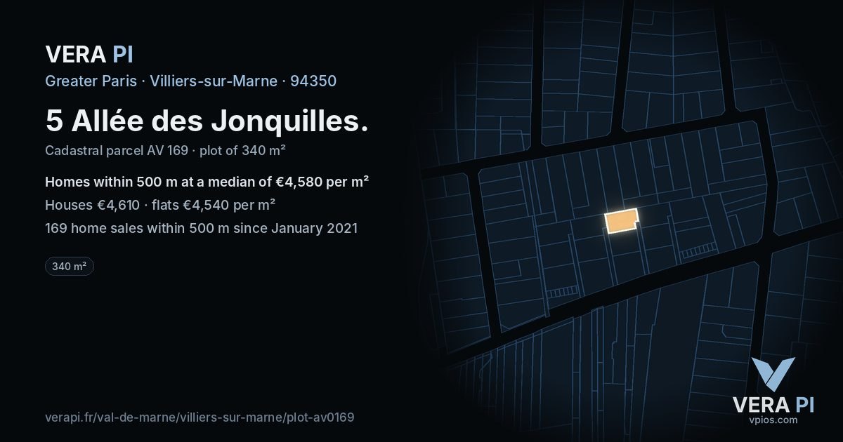 5 Allée des Jonquilles, Villiers-sur-Marne at night – the plot lit, the parcels around coloured by the prices near them