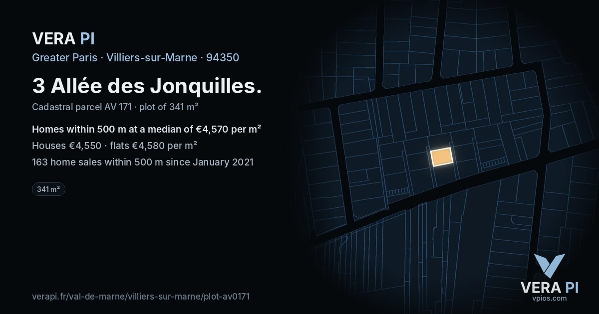 3 Allée des Jonquilles, Villiers-sur-Marne at night – the plot lit, the parcels around coloured by the prices near them