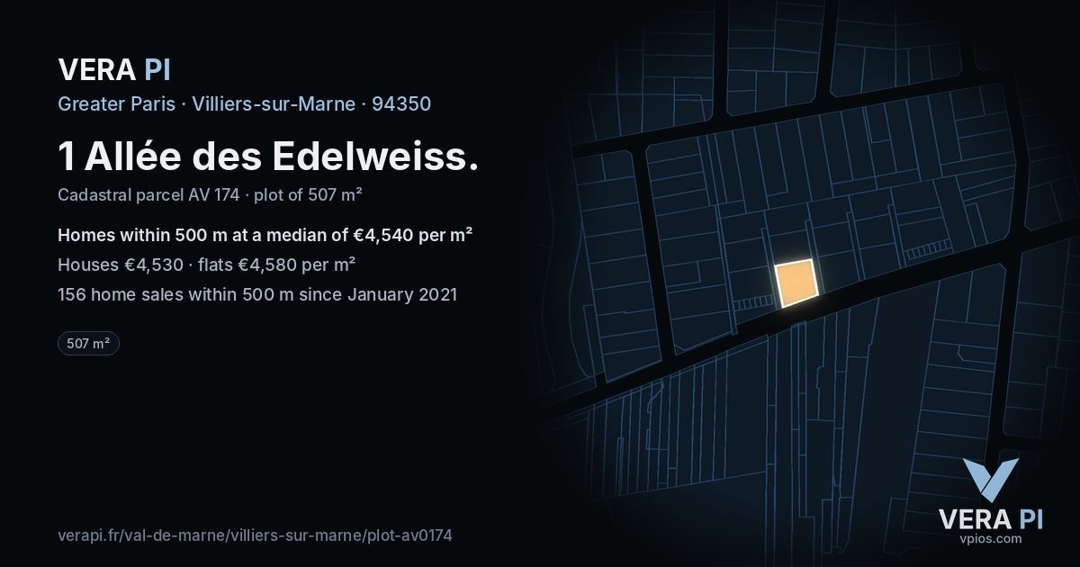 1 Allée des Edelweiss, Villiers-sur-Marne at night – the plot lit, the parcels around coloured by the prices near them