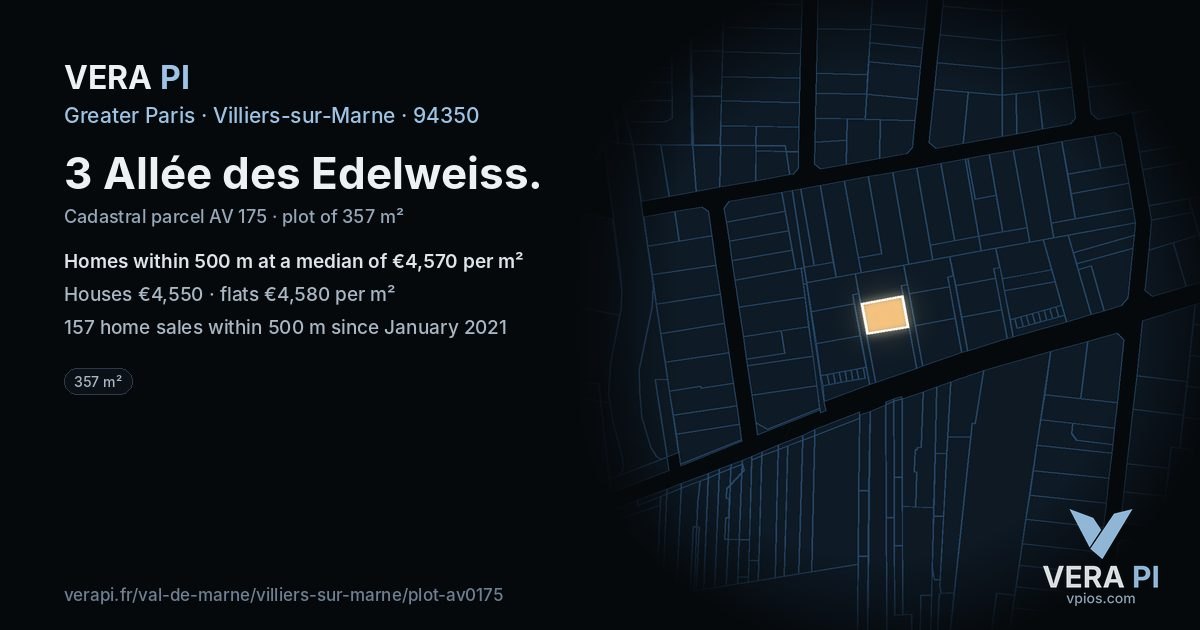3 Allée des Edelweiss, Villiers-sur-Marne at night – the plot lit, the parcels around coloured by the prices near them